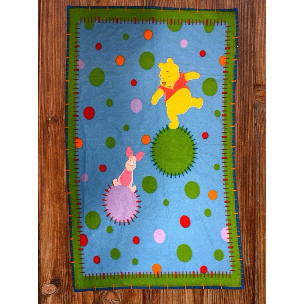 Vintage Disney Winnie The Pooh Piglet Fleece Baby Blanket Blue Polka Dot